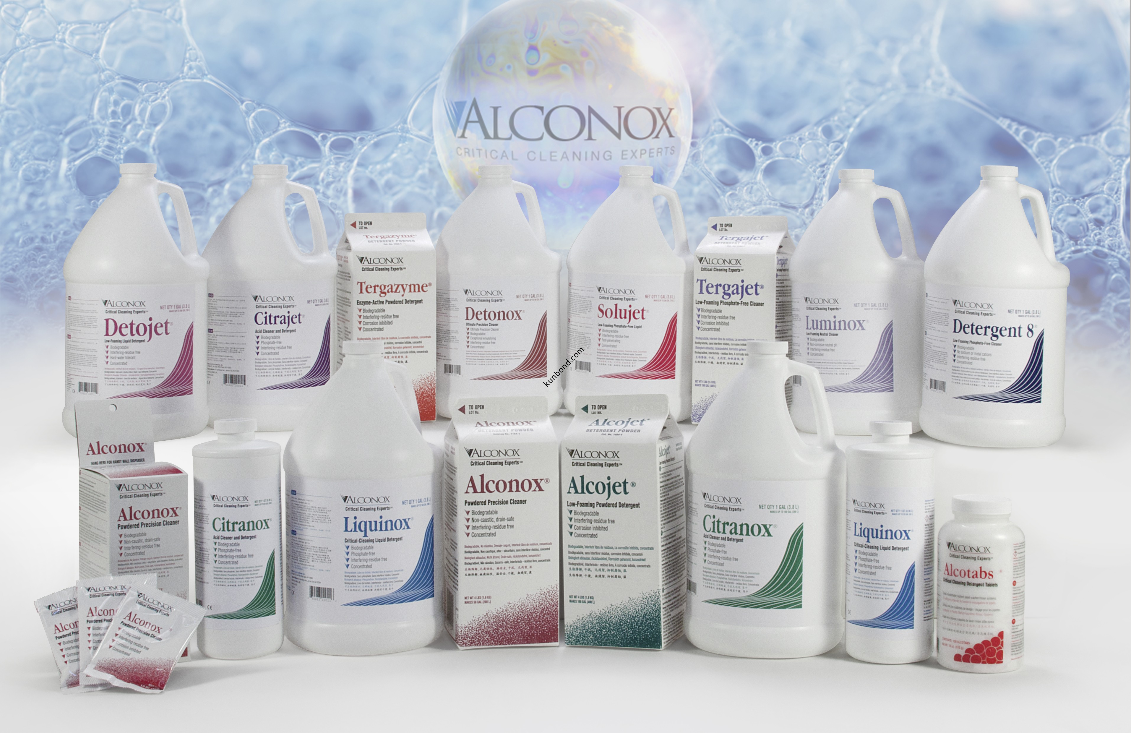 Alconox產品包括：Alconox精密粉狀清潔劑，Alcojet低泡沫粉狀清潔劑，Liquinox精密水性清潔劑，Citranox酸洗清潔劑等等